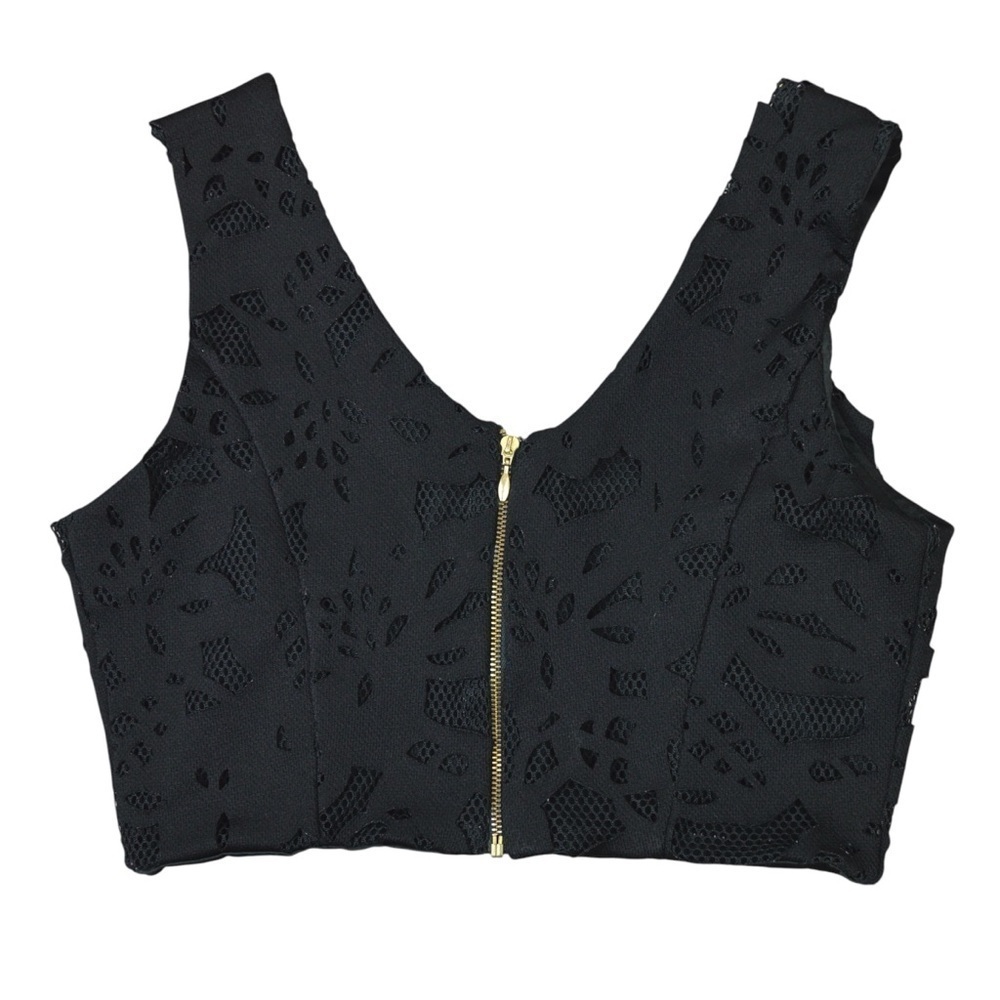 Karina Grimaldi Black Laser Cut Zip Front Sleeveless Crop Top, Small